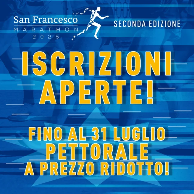 📣 𝗘𝗵𝗶! 𝗤𝘂𝗲𝘀𝘁𝗼 𝗲̀ 𝗶𝗹 𝗺𝗼𝗺𝗲𝗻𝘁𝗼 𝗴𝗶𝘂𝘀𝘁𝗼 𝗽𝗲𝗿 𝗽𝗿𝗲𝗻𝗱𝗲𝗿𝗲 𝗶𝗹 𝘁𝘂𝗼 𝗽𝗲𝘁𝘁𝗼𝗿𝗮𝗹𝗲 𝗱𝗲𝗹𝗹𝗮 𝗦𝗮𝗻 𝗙𝗿𝗮𝗻𝗰𝗲𝘀𝗰𝗼 𝗠𝗮𝗿𝗮𝘁𝗵𝗼𝗻 𝟮𝟬𝟮𝟱!➱ Le iscrizioni sono aperte e fino al 31 luglio il pettorale della San Francesco Marathon è a prezzo ridotto: iscriviti subito e inizia l'allenamento verso la corsa nel cuore verde d'Italia! ✅ Assisi e l'Umbria ti aspettano il 23 novembre 2025!QUI: www.sanfrancescomarathon.it